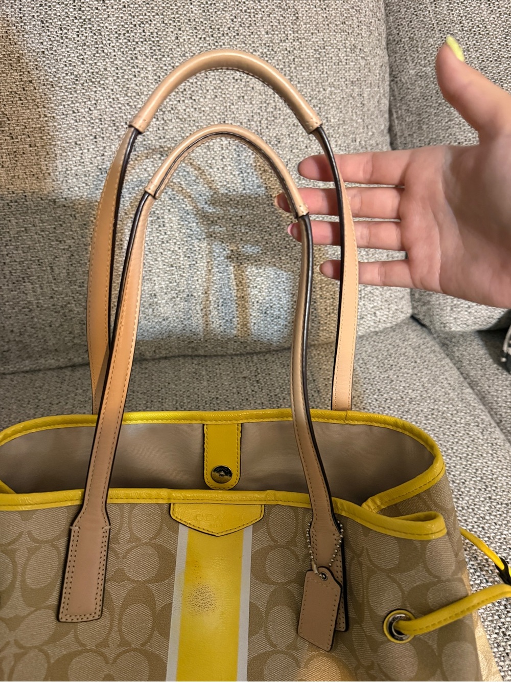 Coach Beige Signature Tote with Yellow Trim and Tan Handles - Picture 10 of 13